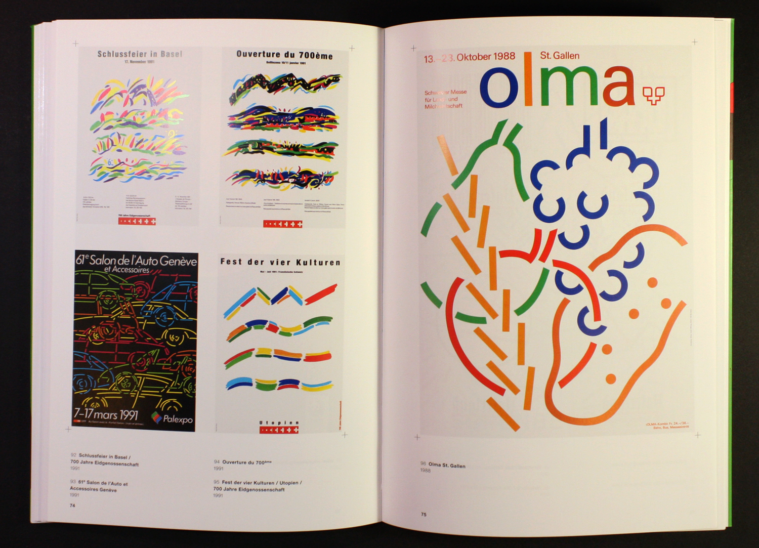 Spread featuring Troxler’s cultural posters. Left page: Schlussfeier in Basel, 1991 (top left); Ouverture du 700ème (top right); 61e Salon de l’Auto et Accessoires Genève, 1991 (bottom left); Fest der vier Kulturen, 1991 (bottom right) . Right page: Olma St. Gallen, 1988.